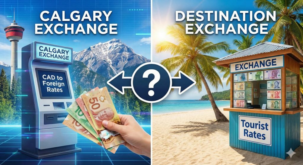 Is it better to exchange currency in Calgary or at your destination?