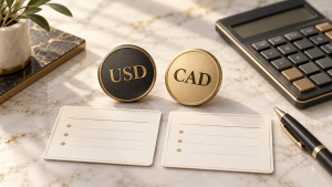 USD and CAD tokens beside a calculator and two comparison cards.