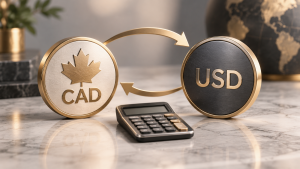 CAD and USD tokens connected by exchange arrows beside a calculator.
